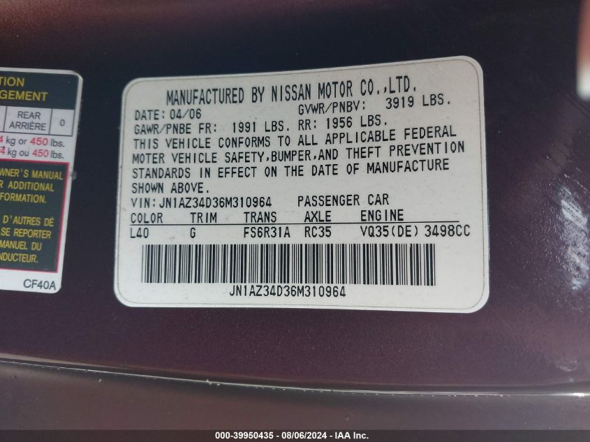 2006 Nissan 350Z VIN: JN1AZ34D36M310964 Lot: 39950435
