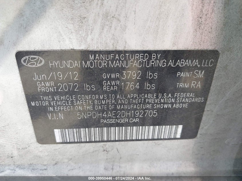 2013 Hyundai Elantra Gls VIN: 5NPDH4AE2DH192705 Lot: 39950446