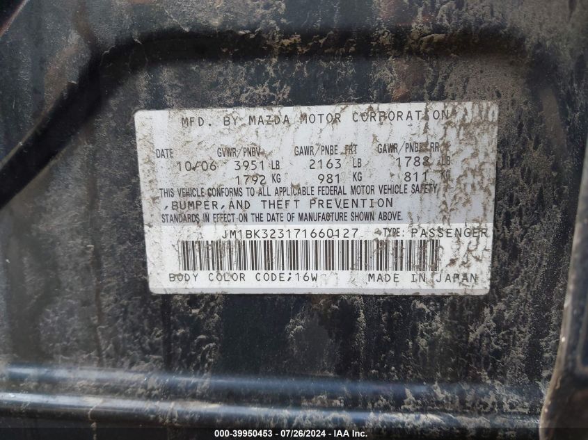2007 Mazda 3 S VIN: JM1BK323171660127 Lot: 39950453