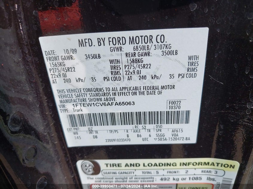 2010 Ford F-150 Fx2 Sport/Harley-Davidson/King Ranch/Lariat/Platinum/Xl/Xlt VIN: 1FTEW1CV6AFA65063 Lot: 39950471