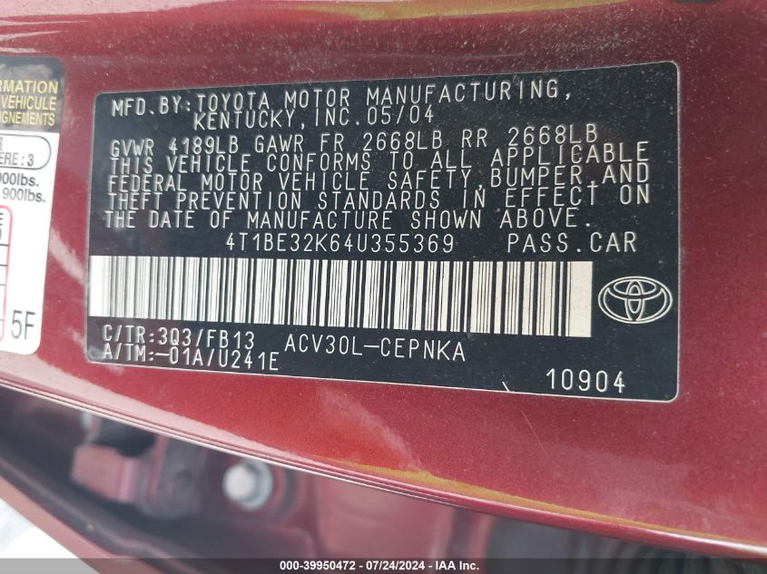 2004 Toyota Camry Le/Se/Std/Xle VIN: 4T1BE32K64U355369 Lot: 39950472