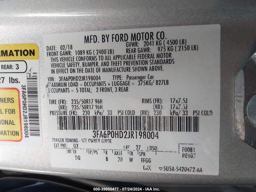 2018 Ford Fusion Se VIN: 3FA6P0HD2JR198004 Lot: 39950477
