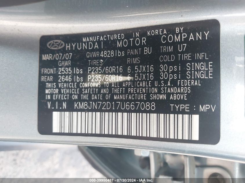 2007 Hyundai Tucson Limited/Se VIN: KM8JN72D17U667088 Lot: 39950487