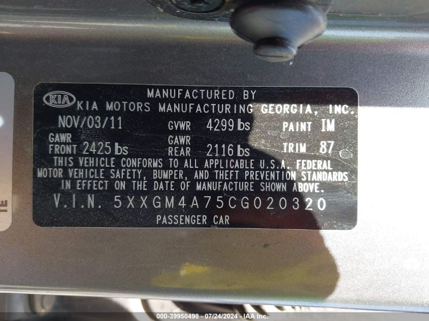 2012 Kia Optima Lx VIN: 5XXGM4A75CG020320 Lot: 39950498