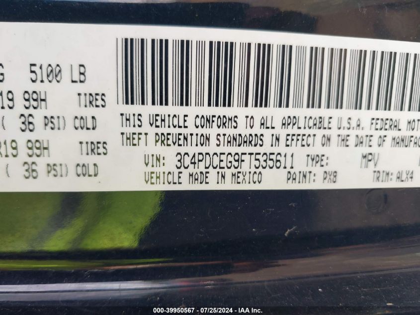 2015 Dodge Journey R/T VIN: 3C4PDCEG9FT535611 Lot: 39950567