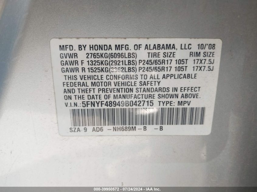 2009 Honda Pilot Touring VIN: 5FNYF48949B042715 Lot: 39950572