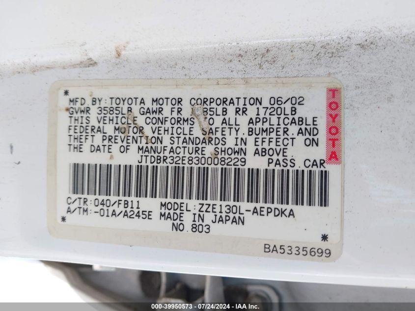 2003 Toyota Corolla Ce/Le VIN: JTDBR32E830008229 Lot: 39950573