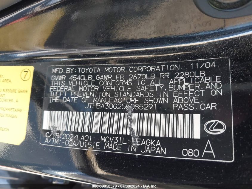 2005 Lexus Es 330 VIN: JTHBA30G255085291 Lot: 39950579