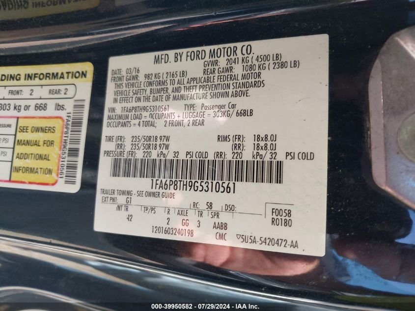 2016 Ford Mustang Ecoboost VIN: 1FA6P8TH9G5310561 Lot: 39950582