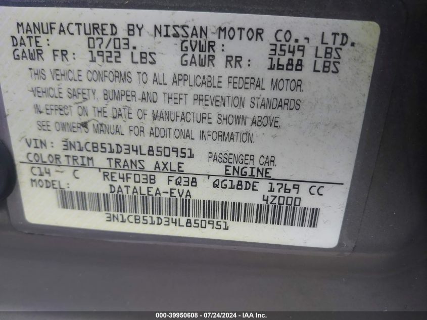 2004 Nissan Sentra 1.8S VIN: 3N1CB51D34L850951 Lot: 39950608