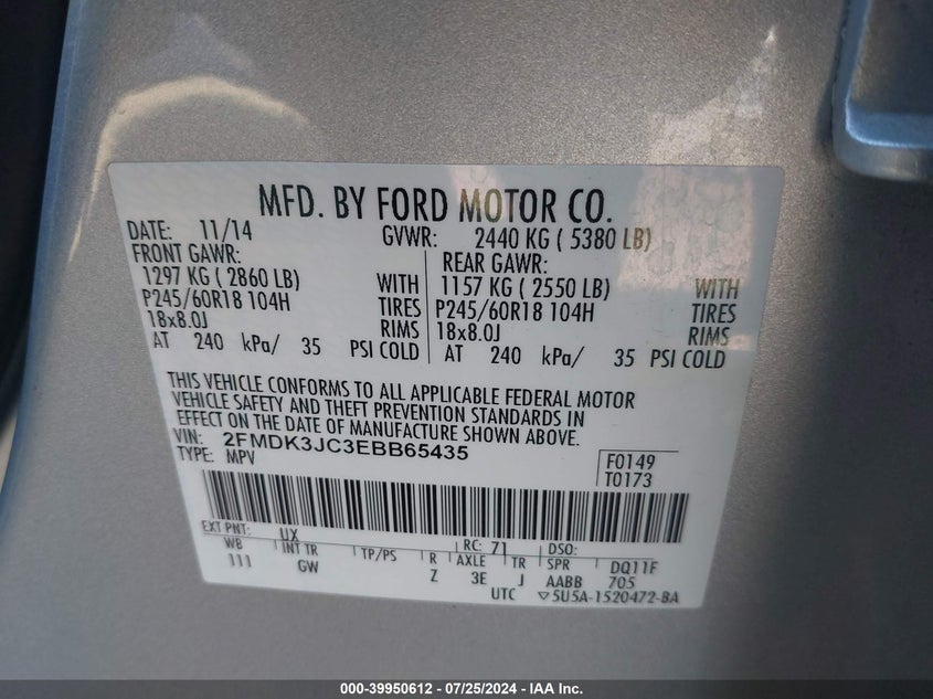 2014 Ford Edge Sel VIN: 2FMDK3JC3EBB65435 Lot: 39950612