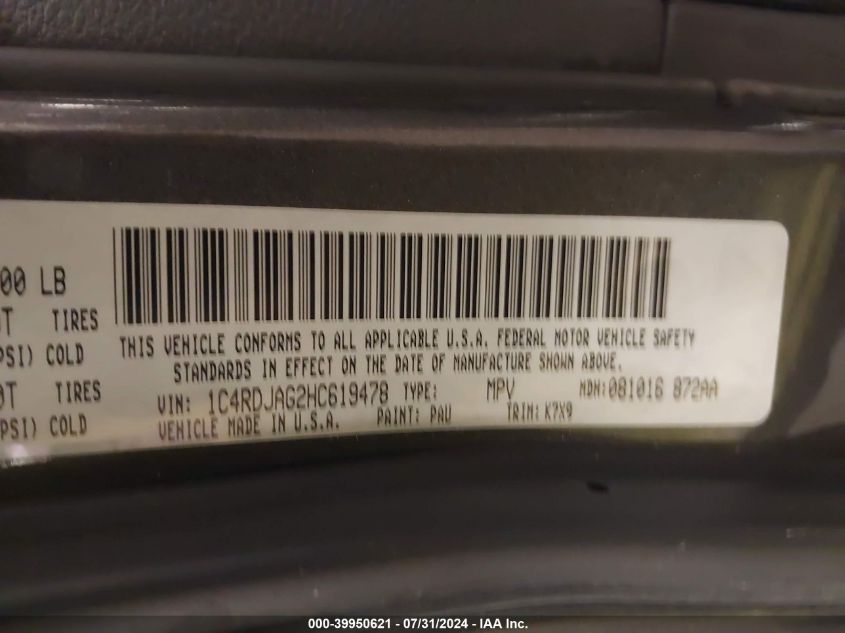 2017 Dodge Durango Sxt Awd VIN: 1C4RDJAG2HC619478 Lot: 39950621