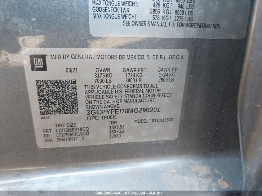 2021 Chevrolet Silverado 1500 4Wd Short Bed Lt Trail Boss VIN: 3GCPYFED8MG296201 Lot: 39950636