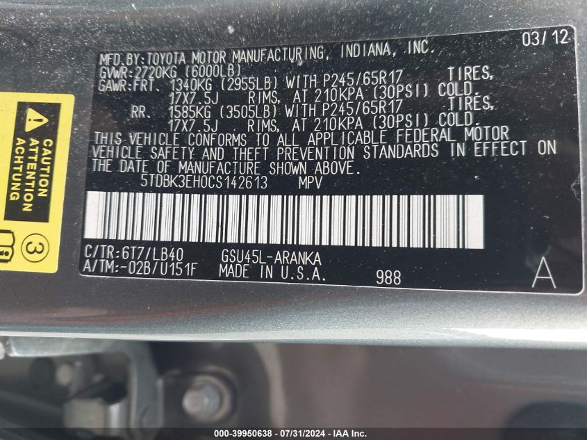 2012 Toyota Highlander Base V6/Se V6 VIN: 5TDBK3EH0CS142613 Lot: 39950638