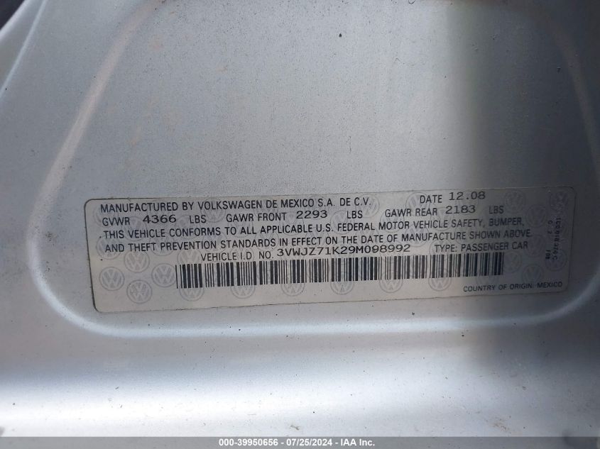 2009 Volkswagen Jetta S VIN: 3VWJZ71K29M098992 Lot: 39950656