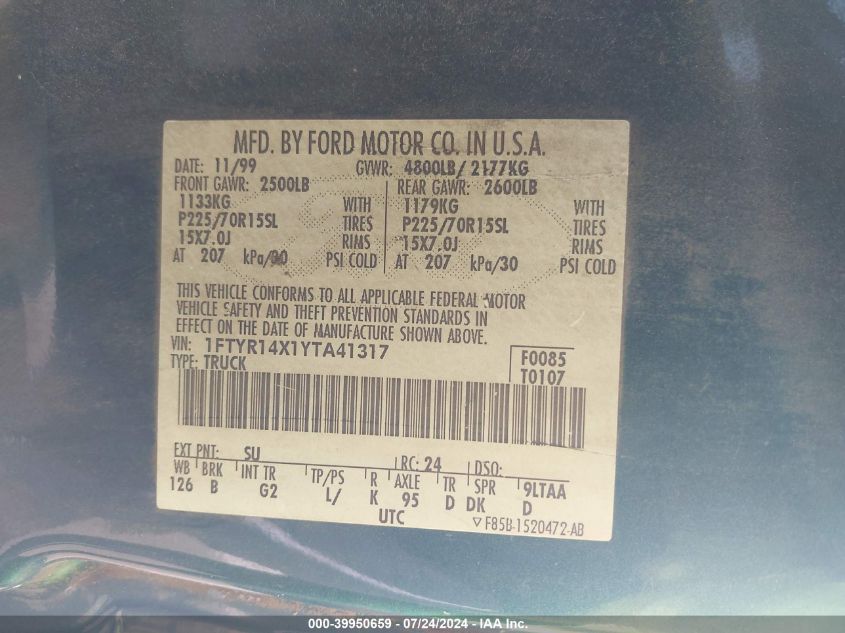 2000 Ford Ranger Xlt VIN: 1FTYR14X1YTA41317 Lot: 39950659