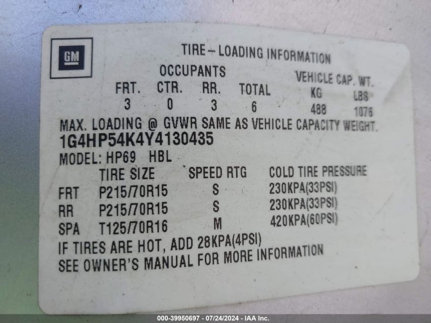 2000 Buick Lesabre Custom VIN: 1G4HP54K4Y4130435 Lot: 39950697