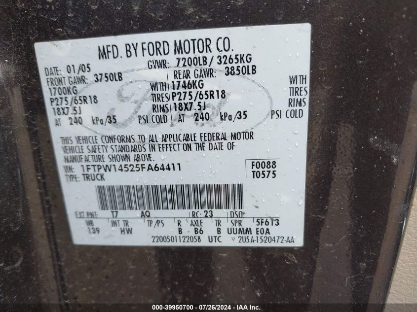 2005 Ford F-150 Fx4/Lariat/Xlt VIN: 1FTPW14525FA64411 Lot: 39950700