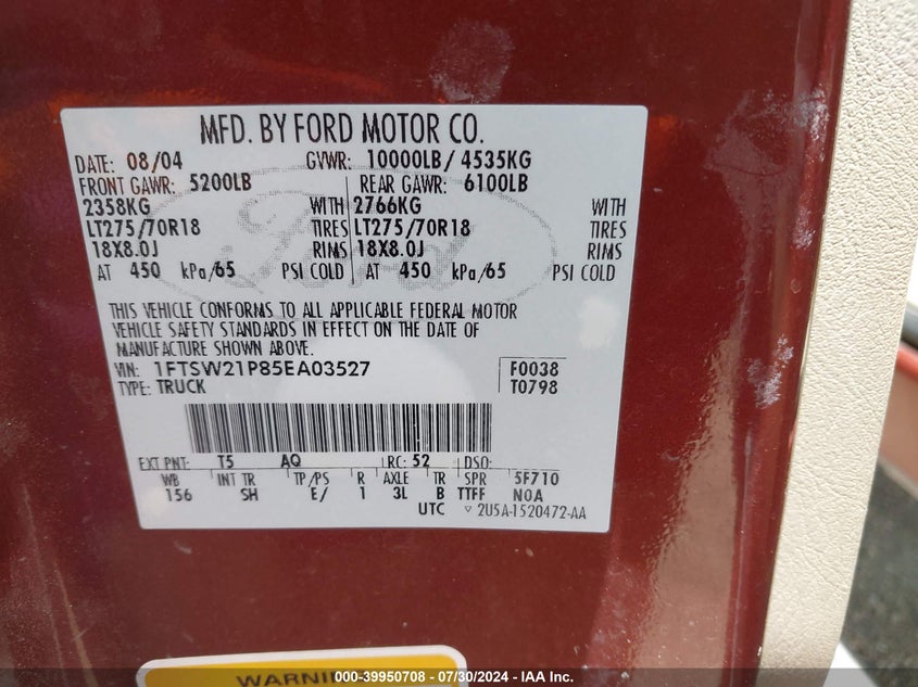 2005 Ford F-250 Lariat/Xl/Xlt VIN: 1FTSW21P85EA03527 Lot: 39950708