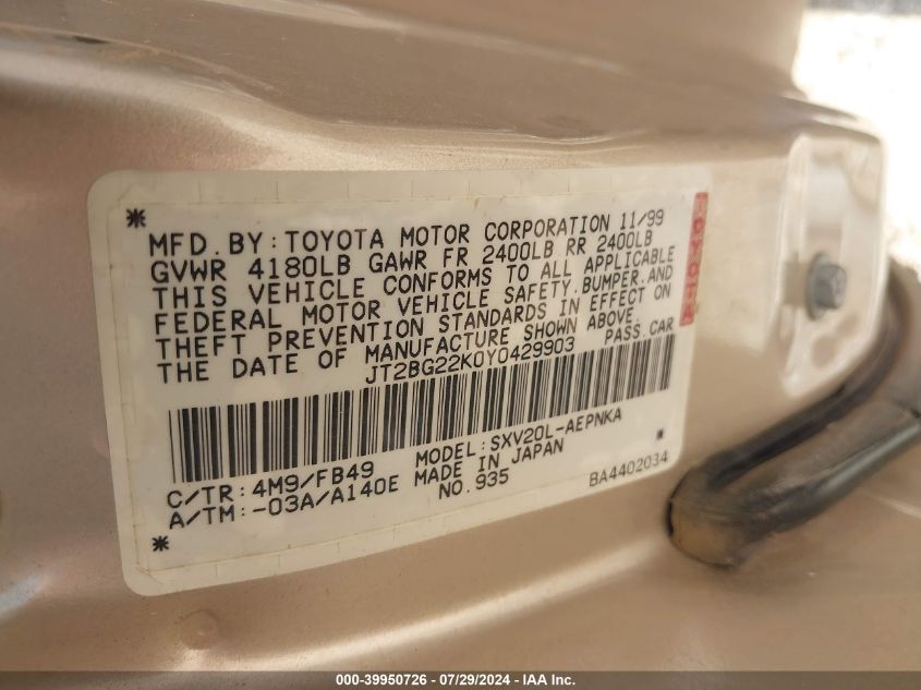 2000 Toyota Camry Ce/Le/Xle VIN: JT2BG22K0Y0429903 Lot: 39950726