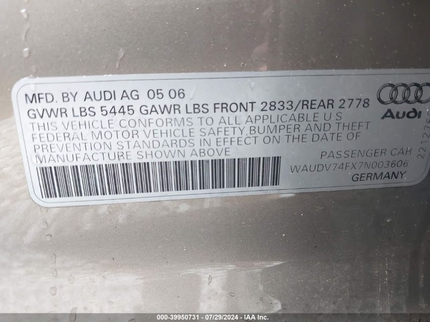 2007 Audi A6 4.2 VIN: WAUDV74FX7N003606 Lot: 39950731