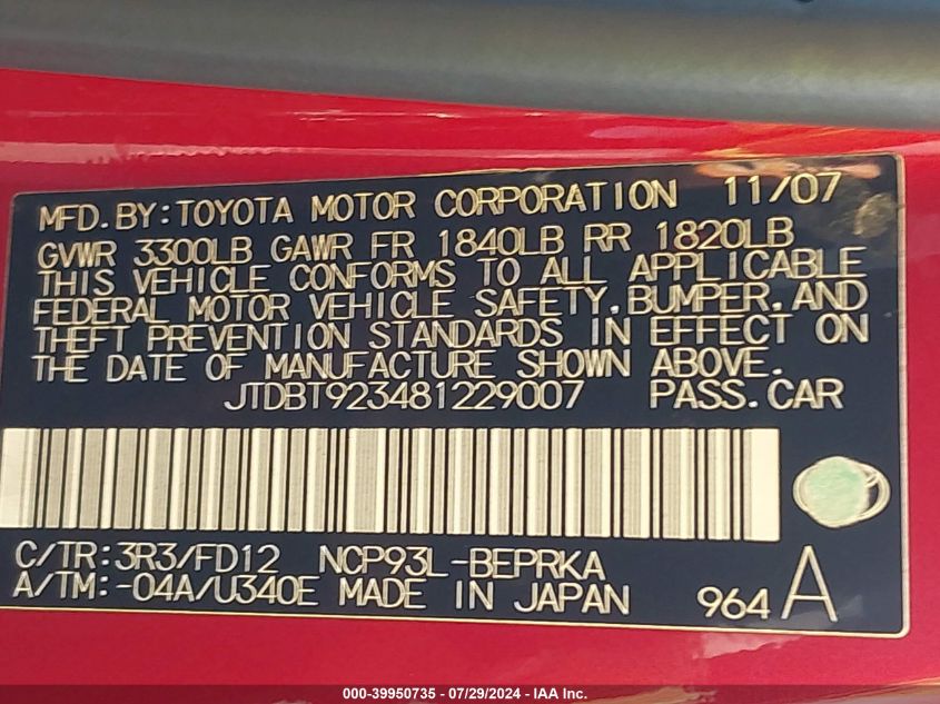 2008 Toyota Yaris VIN: JTDBT923481229007 Lot: 39950735