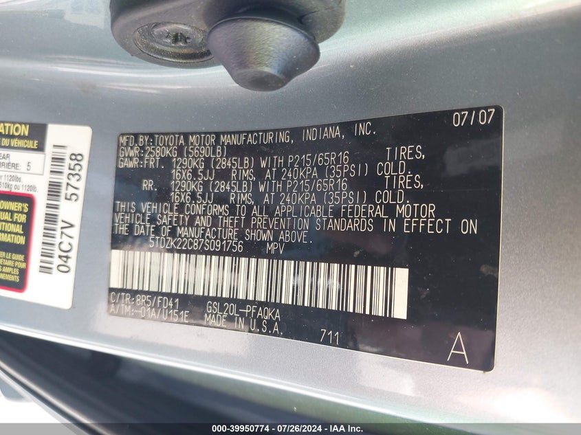 2007 Toyota Sienna Xle VIN: 5TDZK22C87S091756 Lot: 39950774
