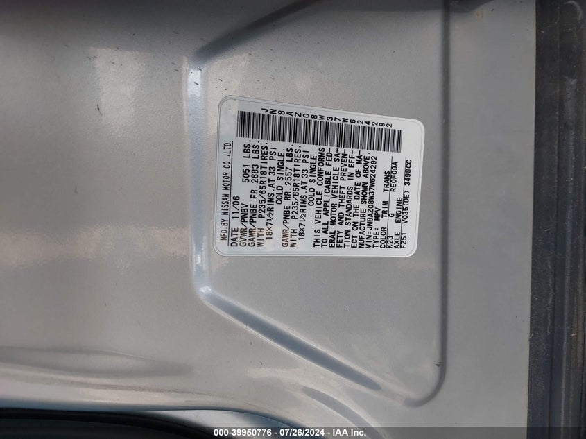 2007 Nissan Murano S VIN: JN8AZ08W37W624292 Lot: 39950776