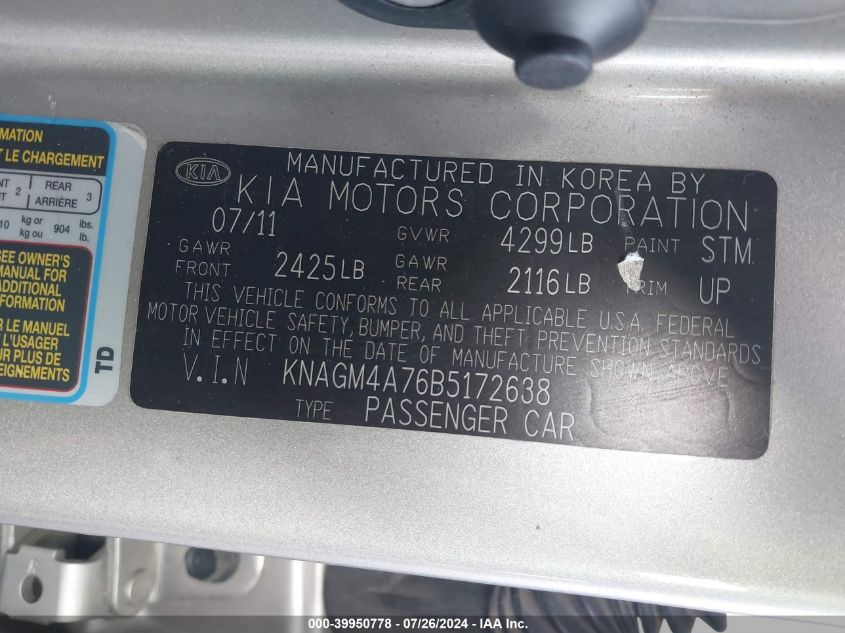 2011 Kia Optima Lx VIN: KNAGM4A76B5172638 Lot: 39950778