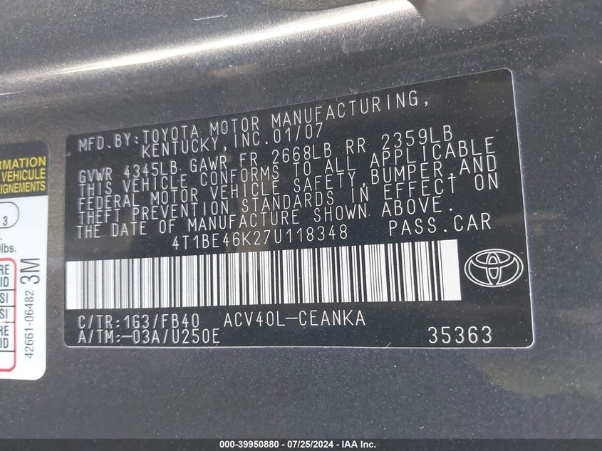 2007 Toyota Camry Ce/Le/Se/Xle VIN: 4T1BE46K27U118348 Lot: 39950880