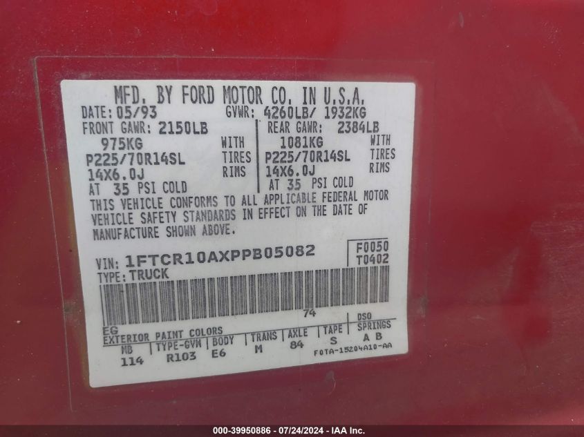 1993 Ford Ranger VIN: 1FTCR10AXPPB05082 Lot: 39950886
