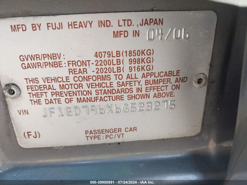 2006 Subaru Impreza Sedan Wrx Tr VIN: JF1GD796X6G523275 Lot: 39950891