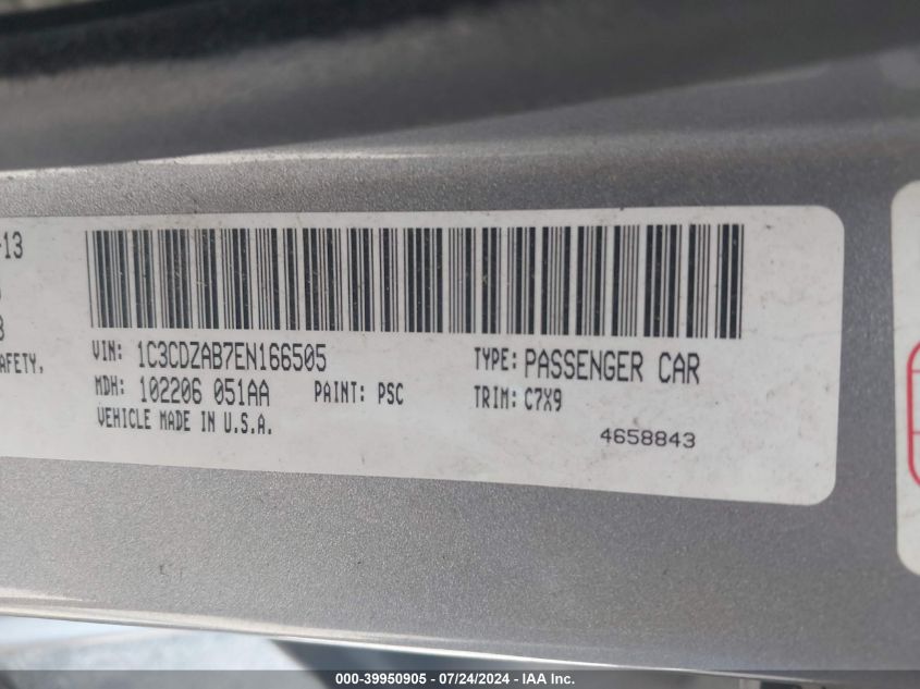 2014 Dodge Avenger Se VIN: 1C3CDZAB7EN166505 Lot: 39950905