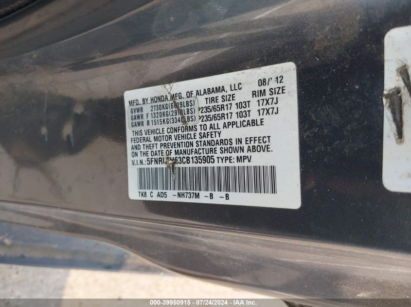 2012 Honda Odyssey Ex-L VIN: 5FNRL5H63CB135905 Lot: 39950915