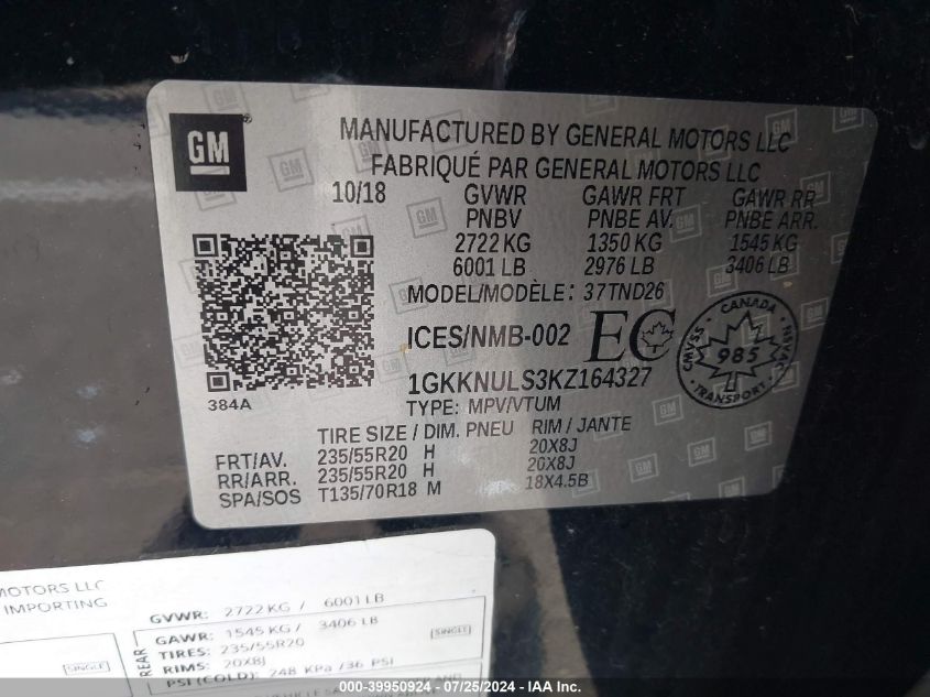 1GKKNULS3KZ164327 2019 GMC Acadia Slt-1