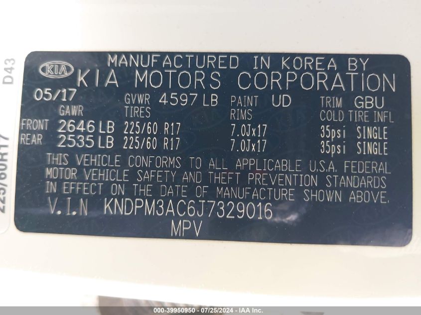 2018 Kia Sportage Lx VIN: KNDPM3AC6J7329016 Lot: 39950950