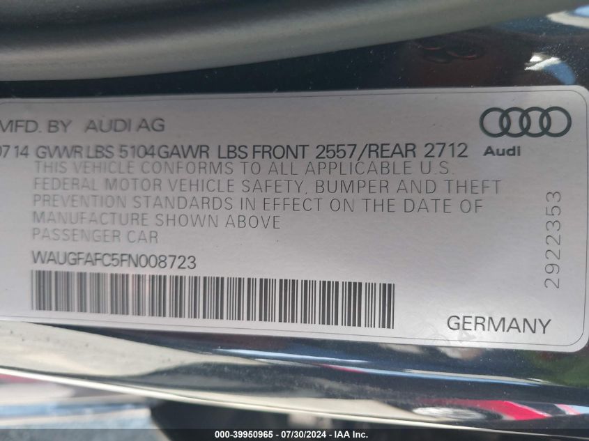 2015 Audi A6 2.0T Premium VIN: WAUGFAFC5FN008723 Lot: 39950965