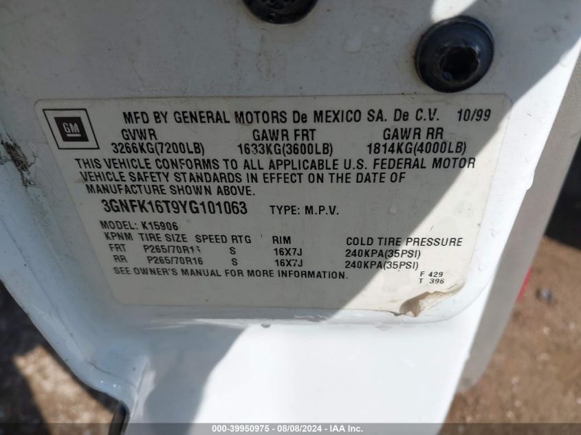 2000 Chevrolet Suburban 1500 Ls VIN: 3GNFK16T9YG101063 Lot: 39950975