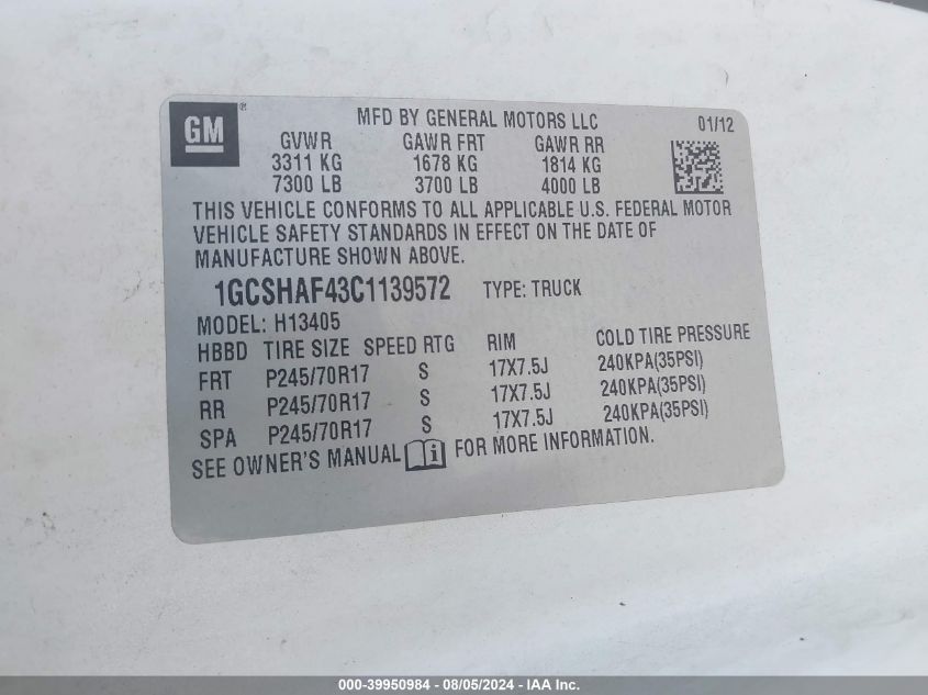 2012 Chevrolet Express 1500 Work Van VIN: 1GCSHAF43C1139572 Lot: 39950984