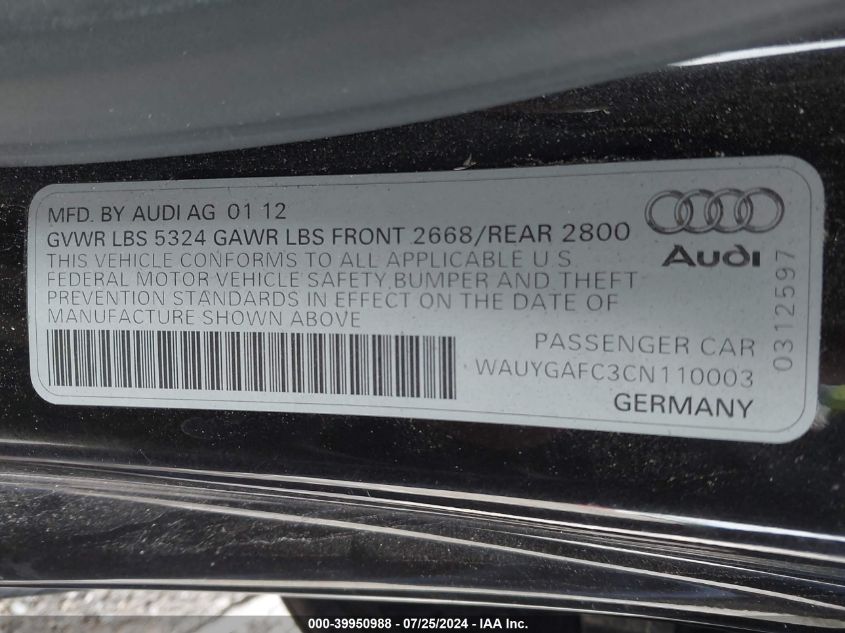 2012 Audi A7 Premium VIN: WAUYGAFC3CN110003 Lot: 39950988