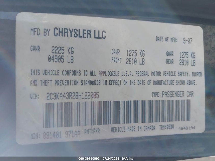 2008 Chrysler 300 Lx VIN: 2C3KA43R28H122085 Lot: 39950993