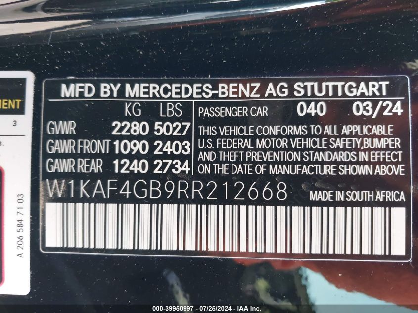 2024 Mercedes-Benz C 300 VIN: W1KAF4GB9RR212668 Lot: 39950997