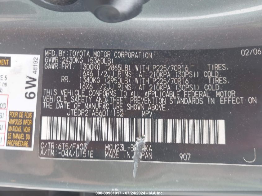 2006 Toyota Highlander V6 VIN: JTEDP21A560111521 Lot: 39951017