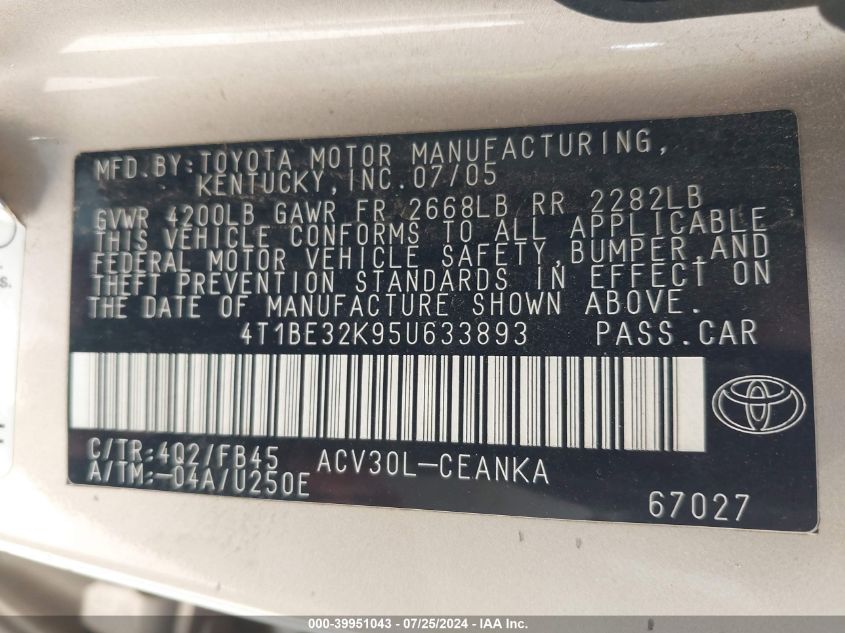 2005 Toyota Camry Le/Xle/Se VIN: 4T1BE32K95U633893 Lot: 39951043