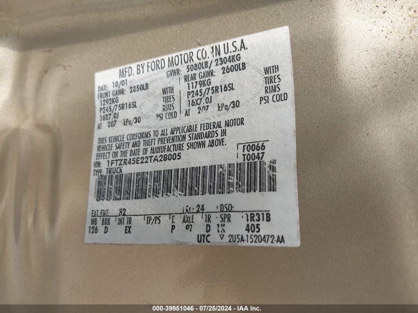 2002 Ford Ranger Edge/Xlt VIN: 1FTZR45E22TA28005 Lot: 39951046