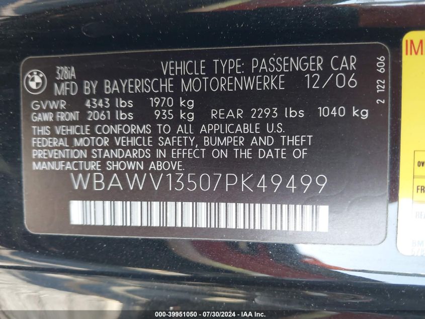 2007 BMW 328I I Sulev VIN: WBAWV13507PK49499 Lot: 39951050