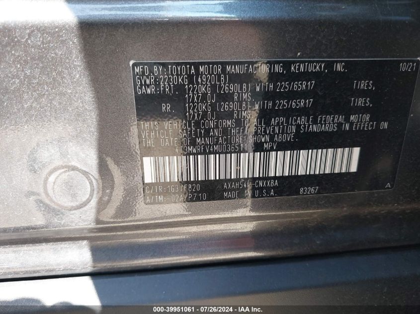 2021 Toyota Rav4 Hybrid Le VIN: 4T3MWRFV4MU036511 Lot: 39951061