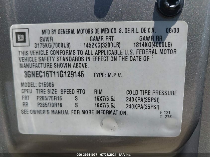 2001 Chevrolet Suburban 1500 Lt VIN: 3GNEC16T11G129146 Lot: 39951077