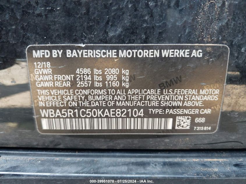 WBA5R1C50KAE82104 2019 BMW 330I