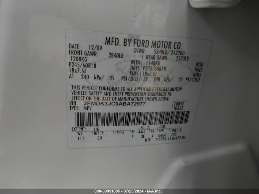 2010 Ford Edge Sel VIN: 2FMDK3JC9ABA72977 Lot: 39951085